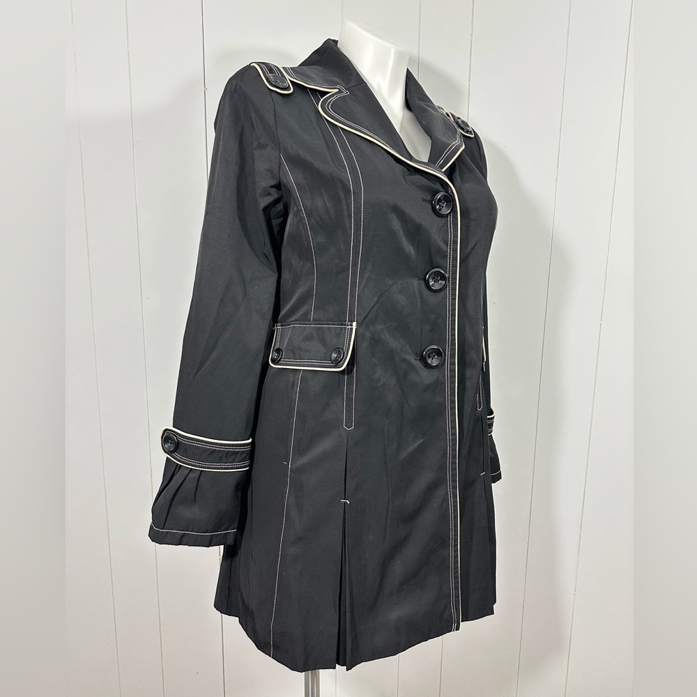 Y2K GUESS Womenβs Sz XL Black Trench Coat Jacket Double-Breast Pleated - Picture 3 of 16